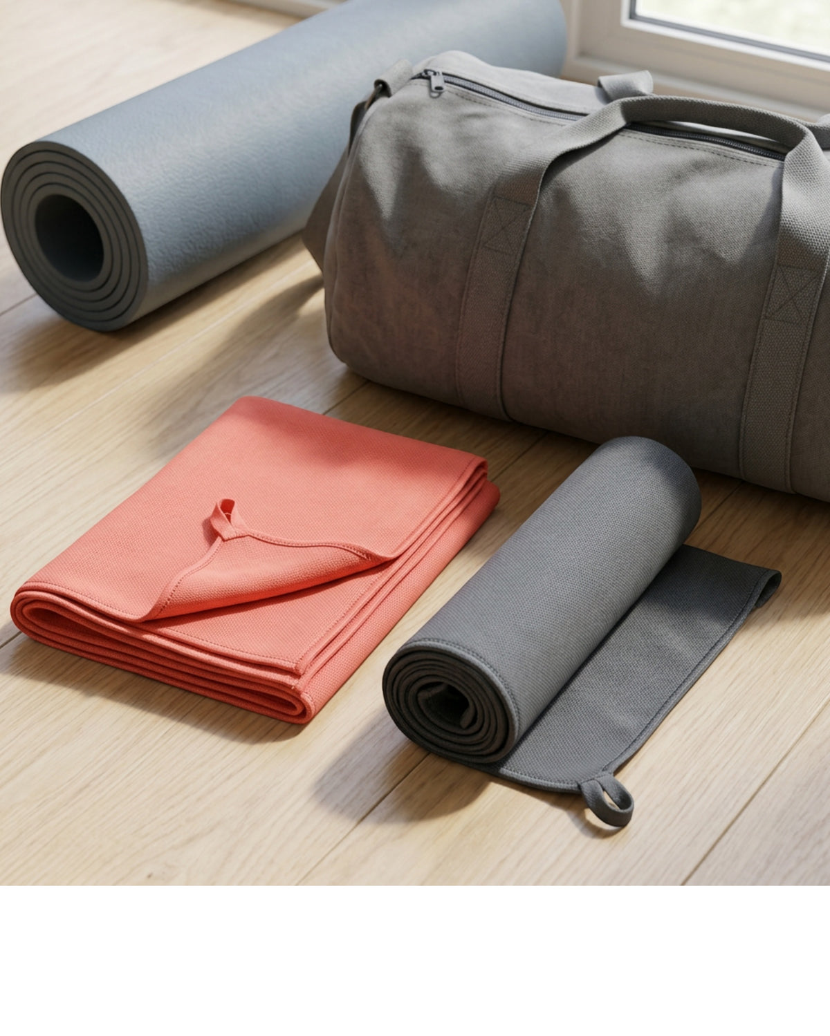 Wvno Compact Sports Towel Set of 2 60 x 30 cm Coral and Graphite - Lifestyle view